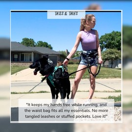 Tails & Tales Hands-Free Dog Leash with Waist Pouch, Dual Padded Handles and Reflective Strip, Shock-Absorbing Bungee for Large & Medium Dogs Up to 100 lbs, Running Walking Hiking (Black)