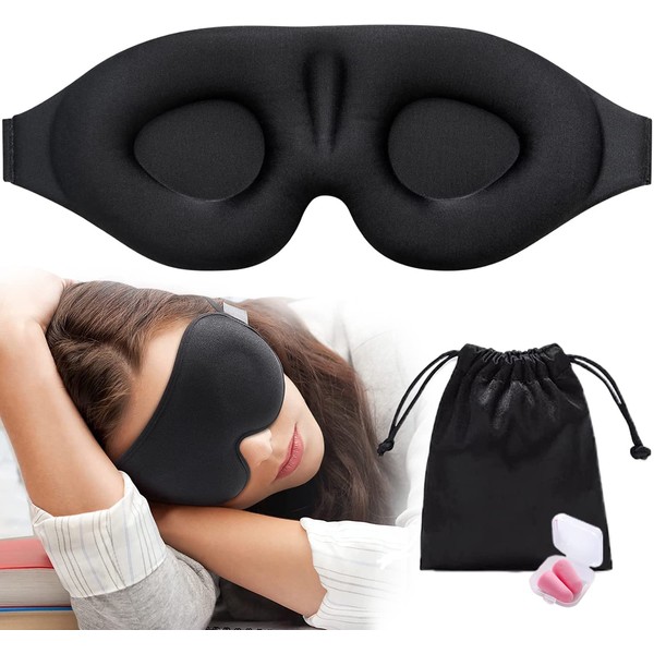 Eye Mask for Sleeping, Good Sleep, 3D, Blindfold, Light Blocking, No Pressure, Freely Adjusted, Lightweight, Soft, Silk Texture, Memory Foam, Unisex, Perfect for Naps, Napping, Travel, Ear Plug Set and Storage Bag Included (Black)