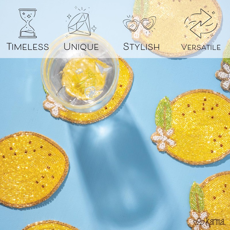 Karma, Lemon Beaded Drink Coasters Set of 4, Summer Round