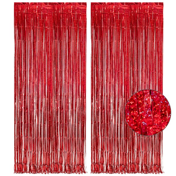 Red Fringe Curtains Party Streamers Backdrop - GREATRIL Foil Tinsel Curtain Cortinas para Fiestas Decoracion Backdrop for Stranger Theme Party Christmas Valentines Day Party 2-Pack