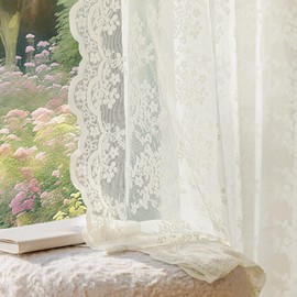 Anmao Vintage Lace Curtains 90 Inches Long 2 Panels Set, Romantic Elegant Light Filtering Semi Sheer Floral Thick Lacy Curtain Drapes for Living Room and Bedroom, Each Panel 55W x 90L, Ivory White