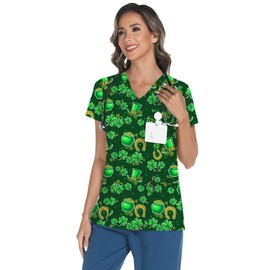 LOMON St.Patrick's Day Scrubs for Women V Neck Printed Scrub Tops Soft Knit Scrub Stretchy Shirts with 3 Pockets St Patrick Printed XL