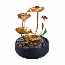 Tabletop Fountain Metal Lotus Circulating Fountain Water Feature for Zen Home Decor Warm Yellow Scene Light(23034)