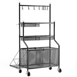 APEXUP Garage Sports Equipment Organizer, 4-Layer Large Capacity Steel Ball Storage Rack with Wheels, Garage Ball Storage for Indoor Outdoor