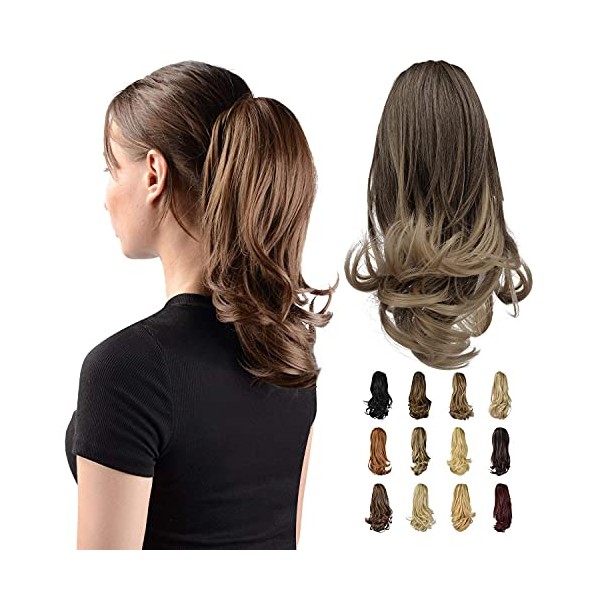 Sofeiyan 13" Ponytail Extension Long Curly Ponytail Clip in Claw Hair Extension Natural Looking Synthetic Hairpiece for Women, Ash Brown to Blonde