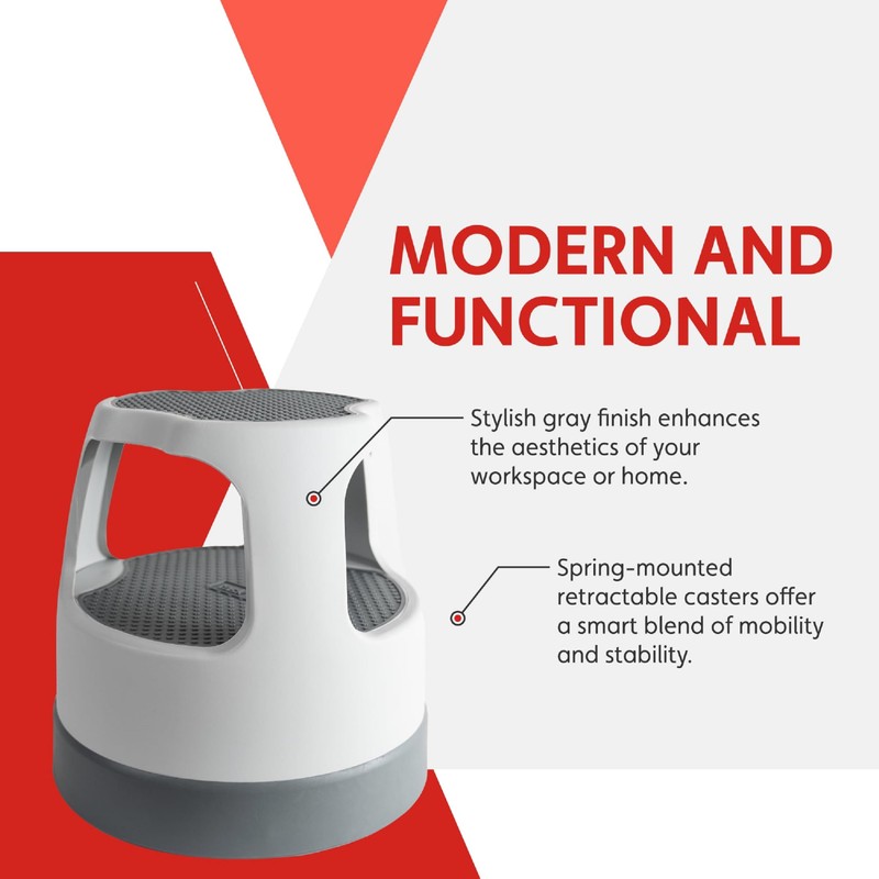 Cramer Scooter Stool, Round, 2-Step, 15", Step and Lock Wheels,