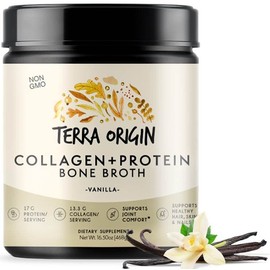 TERRA ORIGIN Collagen Protein Bone Broth Powder, Natural Collagen from Real Whole Food Sources with 17g Protein, for Hair, Skin, Nail and Joint Support, 20 Servings, Vanilla
