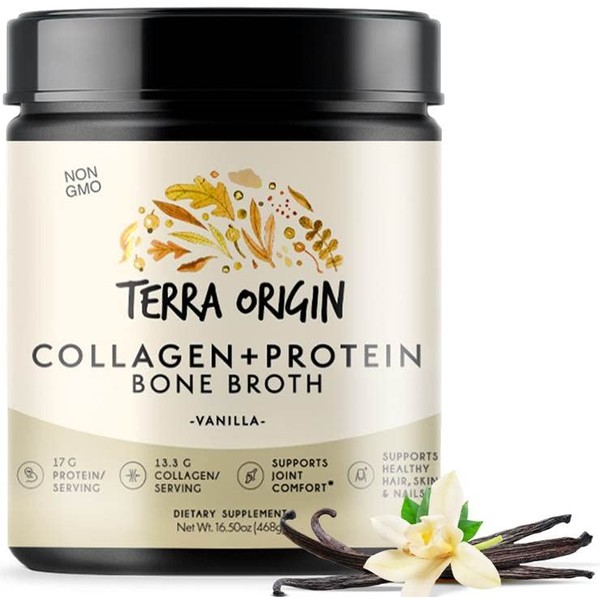 TERRA ORIGIN Collagen Protein Bone Broth Powder, Natural Collagen from Real Whole Food Sources with 17g Protein, for Hair, Skin, Nail and Joint Support, 20 Servings, Vanilla