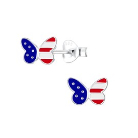 Patriotic July 4th Red, White & Blue American Flag Butterfly Stud Earrings, 925 Sterling Silver