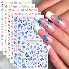 6 Sheets Butterfly Nail Art Stickers Decals Spring Summer 3D Self-Adhesive Pink Blue Purple Yellow Butterflies Flowers Pattern Decorations for Acrylic Nail Art Supplies