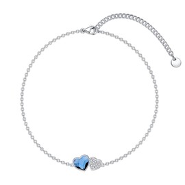 Blue Heart Anklet 925 Sterling Silver Foot Adjustable Anklet with Crystal from Austria, Anklet Jewelry Gifts for Women Girls 11 Inches