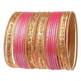 NEW! Touchstone Indian Bollywood "Colorful 2 Dozen Collection" Golden Glitter Caramel Pink Color Large Designer Jewellery Special Bracelets Set of 24 Gold Tone for Women, Metal, No Gemstone