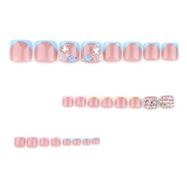 24Pcs French Tip Press on Toenails Summer Fake Toenails Full Cover 3D Flowers Butterfly False Toenails Short Square Glue on Toenails Glossy Press on Toe Nails Cute Artificial Toenails for Women