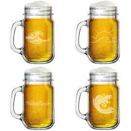 16oz Mason Jar Glass Mug w/Handle Gift Set of 4 Wave Ocean Lake River Collection