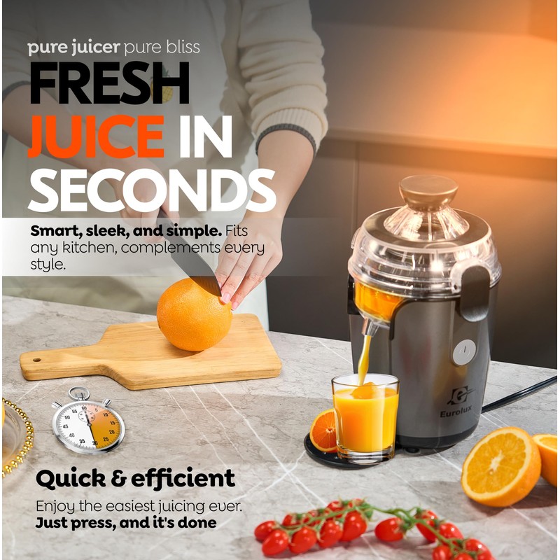 Eurolux Hands-Free Electric Citrus Juicer Machine, Orange Lime Grapefruit Lemon