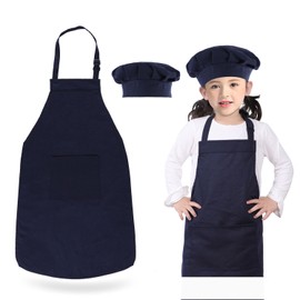 GNEGNI LIFE Children's Apron and Chef's Hat Set, Set of 2, Poly-Cotton, Adjustable Children's Aprons 4-12 Boys Girls Baking Apron for Cooking, Baking, Painting, Party, darkblue