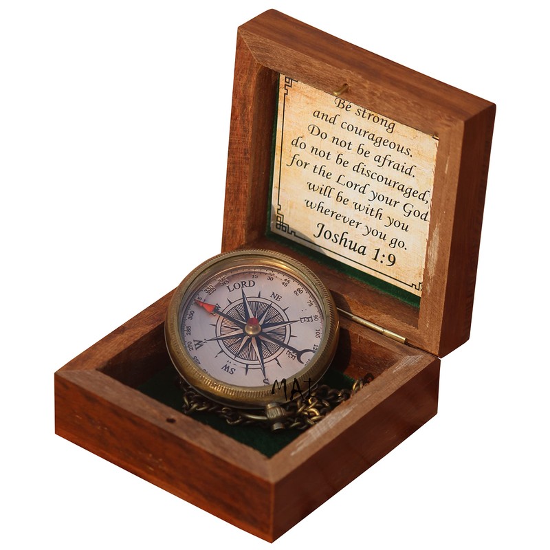 Be Strong and Courageous Engraved Compass with Wooden Box, Christian