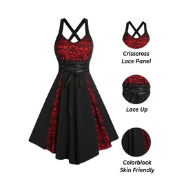 DRESSFO Women's 2025 Fall Casual Dress Sleeveless V Neck Gothic Dress Tiered A Line Flowy Wrap Dress (Black Red/1X)