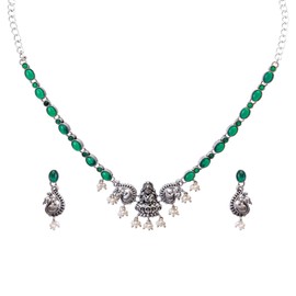 Efulgenz Oxidized Indian Jewelry Necklace Sets Antique Boho Religious Peacock Pendant Choker Oxidized Indian Jewelry Green Crystal Necklace Sets Faux Pearl Drop Dangle Earrings Bohemian Statement