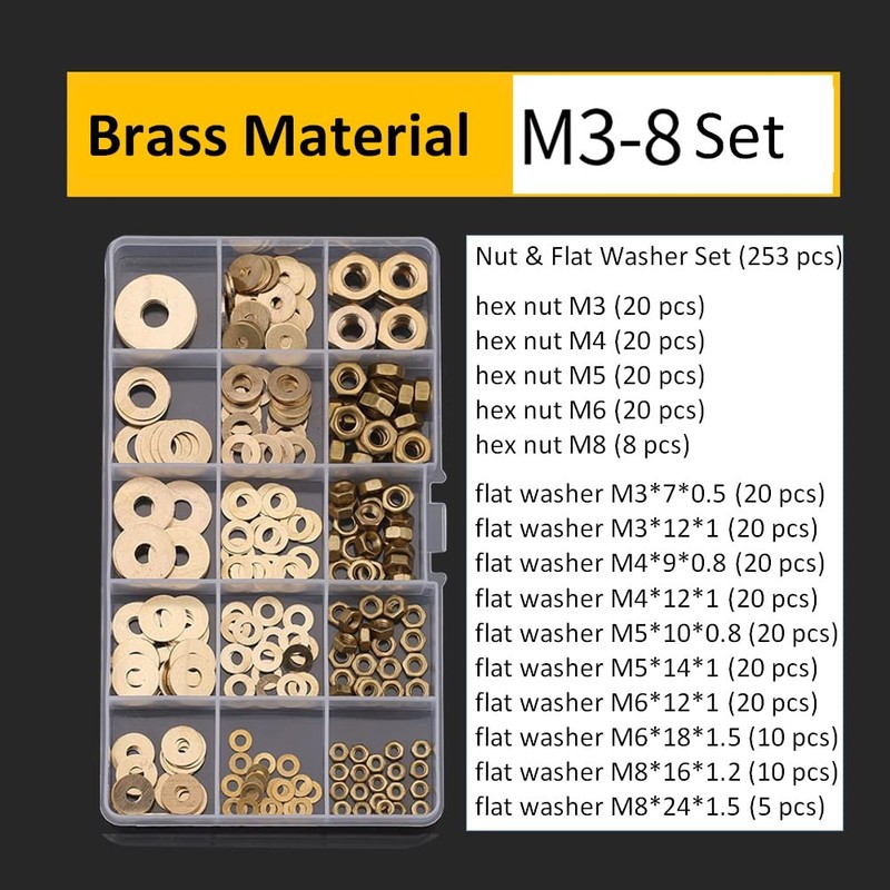 FEEIFOL 253 Pieces Brass Hex Nut and Washers Set 5