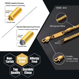 VEXXS Foxtail Chain, 18K Real Gold Plated Gold Chain Men’s Rope Chain Necklace, Durable No Color Fading Men’s Curb Chain 3mm Miami Cuban Link Chain Franco Square Box Link Chain Necklace