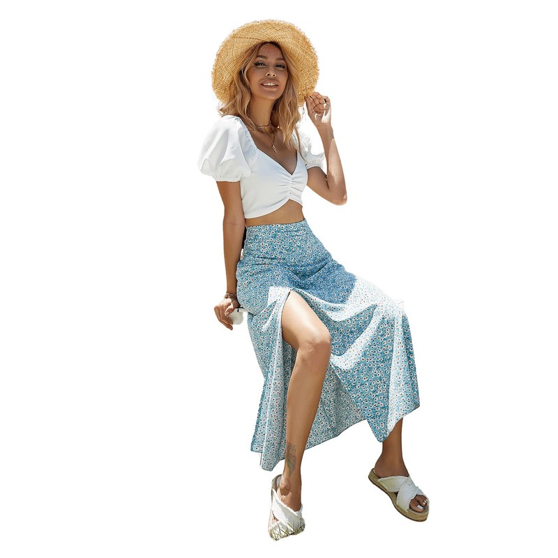 Floerns Women's Boho Floral High Waist Split A Line Midi