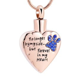 memorial jewelry No Longer by My Side,But Forever in My Heart Carved Locket Cremation Urn Necklace for Pet Dog Cats (Rosegold-Blue, Stainless-Steel)