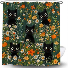 JWJAMM Cute Cat Shower Curtain Boho Floral Daisy Flower Spring Funny Black Cats Modern Aesthetic Colorful Wildflower Plant Botanical Cartoon Bath Curtains with Hook,70x70 Inch