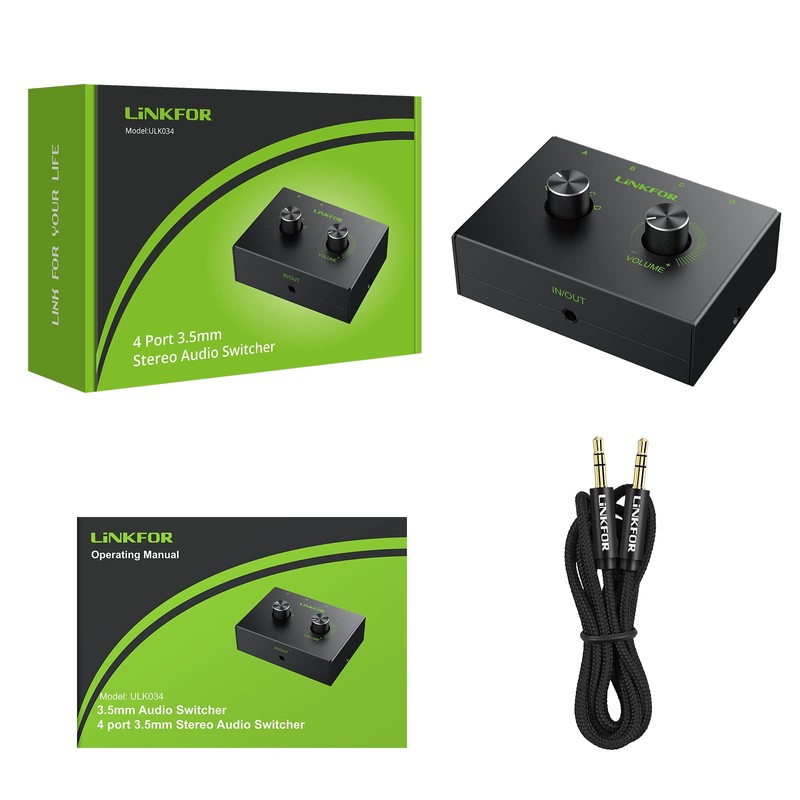 LiNKFOR 4 Port 3.5mm Stereo Audio Switcher Support 1 In