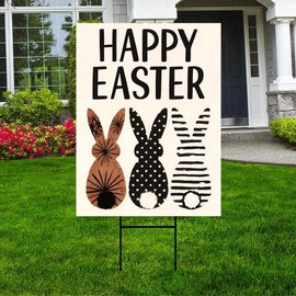 Happy Easter Bunnies Welcome Yard Sign, Rabbit Easter Day Yard Holiday Decorations, Easter Bunnies Garden Lawn Signs with Metal H-Stake, VP13594
