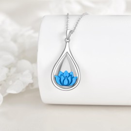 VONALA Lotus Turquoise Necklace Tear Blue Yoga Flower Pendant Jewellery Gift for Women Birthday Christmas, Sterling Silver, No Gemstone