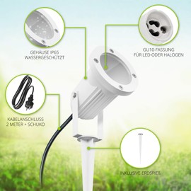 linovum CARI Ground Spike Light for Outdoor Use in White with Socket for 1 x GU10 Garden Lamp with Power IP65 with 2 Metre Schuko Cable