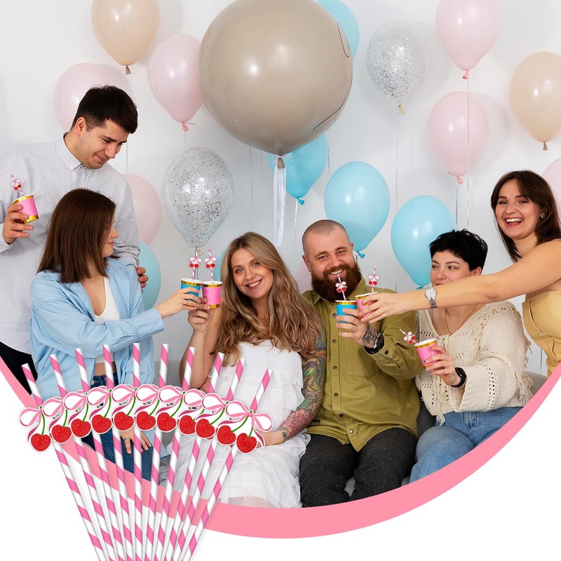 Pink and White Striped Bow Cherry Paper Straws, 50 Pack