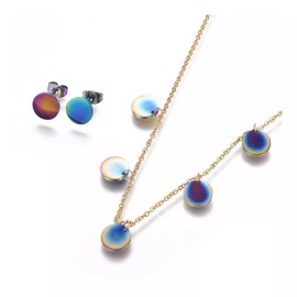 Unbranded Stainless Steel Set Pendant Necklace Stud Earrings Back Flat Round 16.8" P704