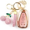 Rayslesan Sparkly Key Fob Cover with Cherry Keychain, Bling TPU Smart Key Case for Women, Compatible with Chevy Camaro Cruze Bolt EV Equinox Malibu Sonic Spark Traverse Trax (5-Button, Gold Pink)