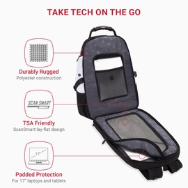 SwissGear 1900 ScanSmart 17” Laptop Backpack White/Black – Reflective Tech Backpack with ScanSmart Compartment – Multiple Organizer Pockets & RFID Scan Blocking Technology