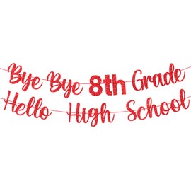 Yeaqee Pre-strung 8th Grade Graduation Decorations Bye Bye 8th Grade Hello High School Banner Glitter Eighth Grade Promotion Decorations Graduation Party Supplies(Red)