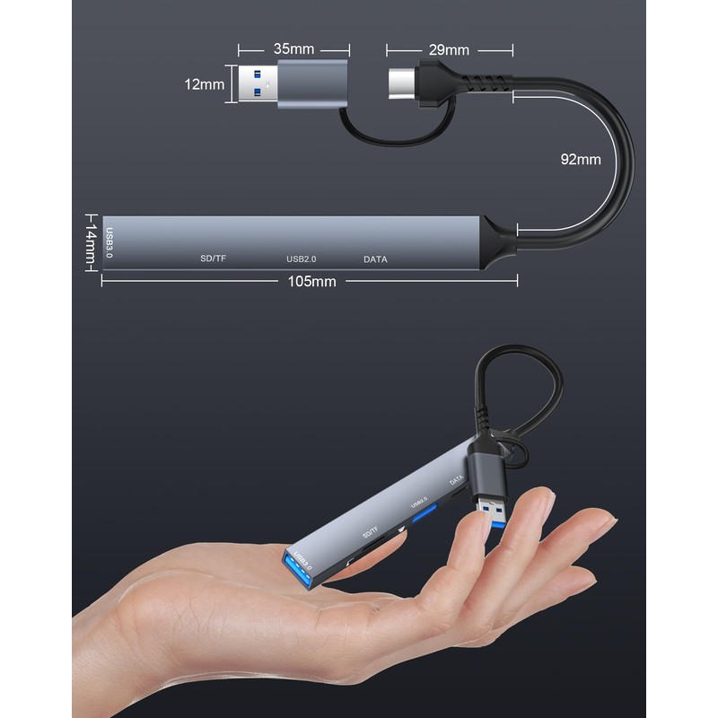 USB 3.0 Hub MicroSD/SD Card Reader Compatible with Type-C &