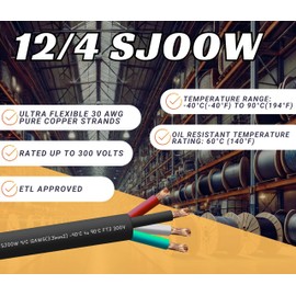 100 Feet 12/4 SJOOW Cable Cord 12 AWG 4 Conductor SO Wire - 12 Gauge 4 Conductor (12/4 Wire) 300V Portable Power Extension Cable for Motor Leads, Portable Lights, Battery Chargers