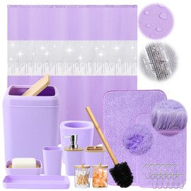 XLHOMO Light Purple Bathroom Accessories Set with Trash Can 12 Piece Bathroom Decor Toothbrush Holder,Toothbrush Cup,Lotion Soap Dispenser,Vanity Tray,Soap Dish,Toilet Brush,Qtip Holder
