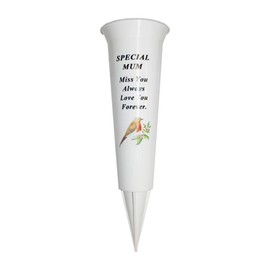 Plastic Flower Holders/Memorial Grave Vases Ornaments - Spike Flower Grave Vases for Grave Decoration with Engraved Funeral Verses for Your Loved Ones - White Spike With Robin Image (Mum)