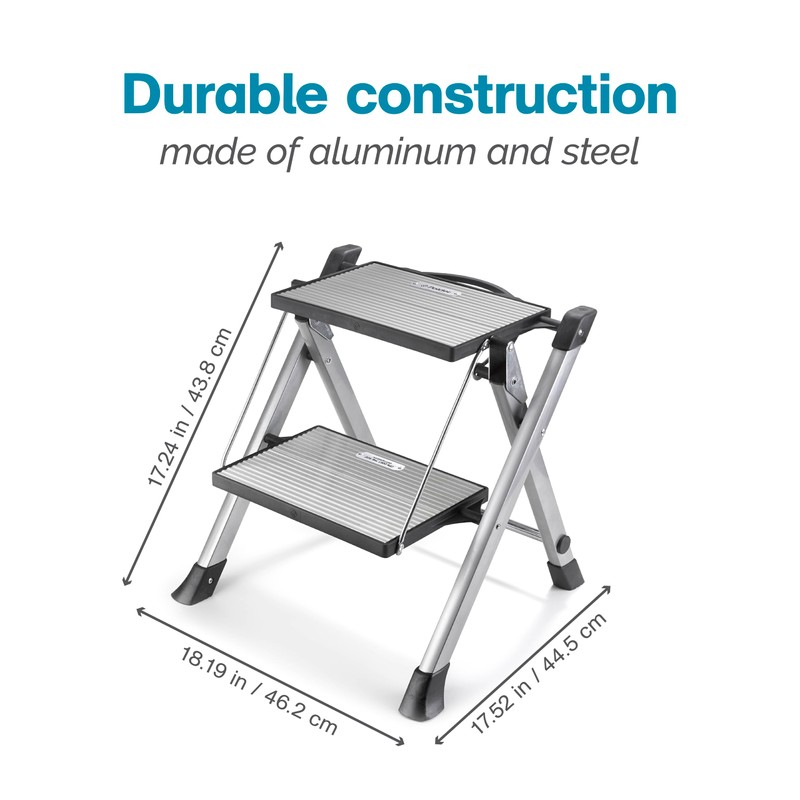 Polder Easy-Close Aluminium 2-Step Stool, Ladder with Non-Skid Feet, Folding