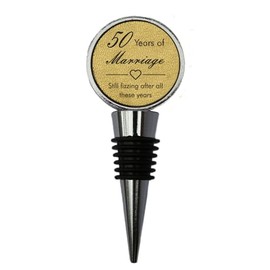 50th Anniversary Engraved Gold Leather Bottle Stopper, 50 Years Married (Still fizzing After All These Years)
