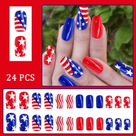 24Pcs 4th of July Press on Nails Short Square Red and Blue Fake Nails Independence Day False Nails with American Flag Stars Design Patriotic Striped DIY for Women Manicure Decoration