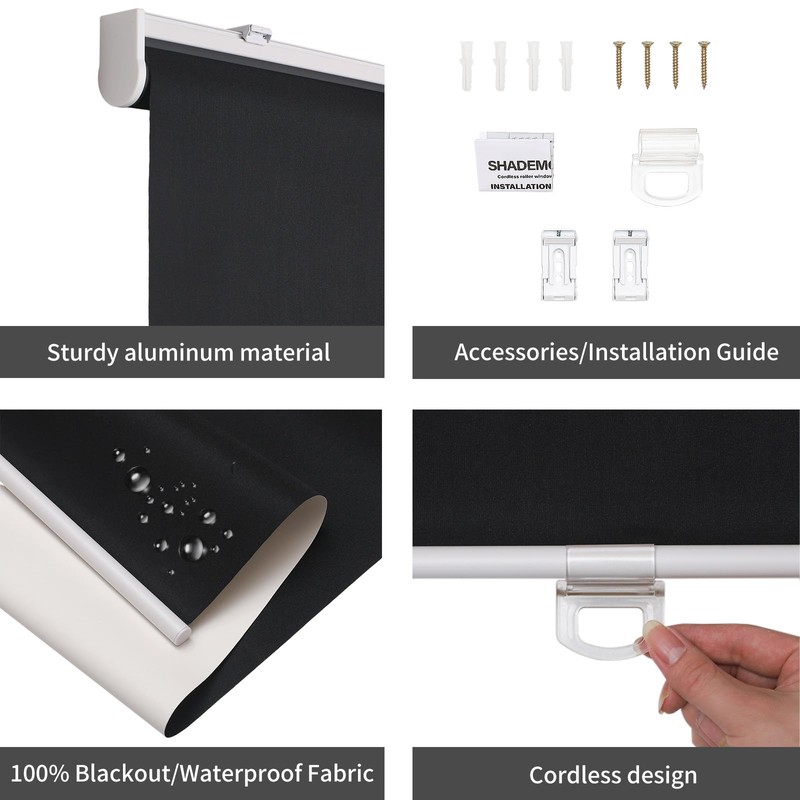SHADEMOON Cordless Blackout Window Roller Shades, Pull Down Spring System