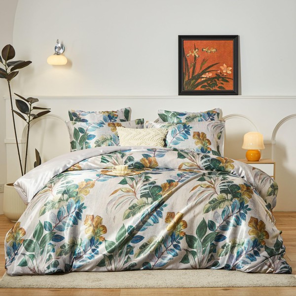 YASMENG Satin Bed Linen 135 x 200 cm Leaves Motif