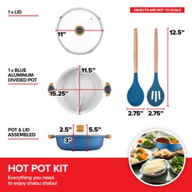 Nonstick Hot Pot with Divider, Blue Shabu Shabu with Silicone Spoons, Divided Cooker for Two Broths, Compatible with Induction, Gas Stove, or Grill