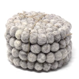 Global Crafts Hand Crafted Felt Ball Wool Coaster Set from Nepal, 4" Natural Drink Coaster, 4-Pack, Light Grey
