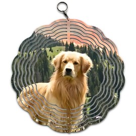 Curious Cute Golden Retriever in Field of Flowers Wind Spinner for Yard Art and Garden Decor 10"x10" with Swivel Hook