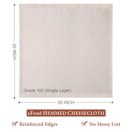 eFond Cheese Cloths, 5-Pack, 20x20Inch Squares with Hemmed Edges, Grade 100 Ultra Fine Reusable Cheesecloth for Straining, Unbleached Cotton Muslin Cloths for Cooking, Nut Milk, Butter & Baking